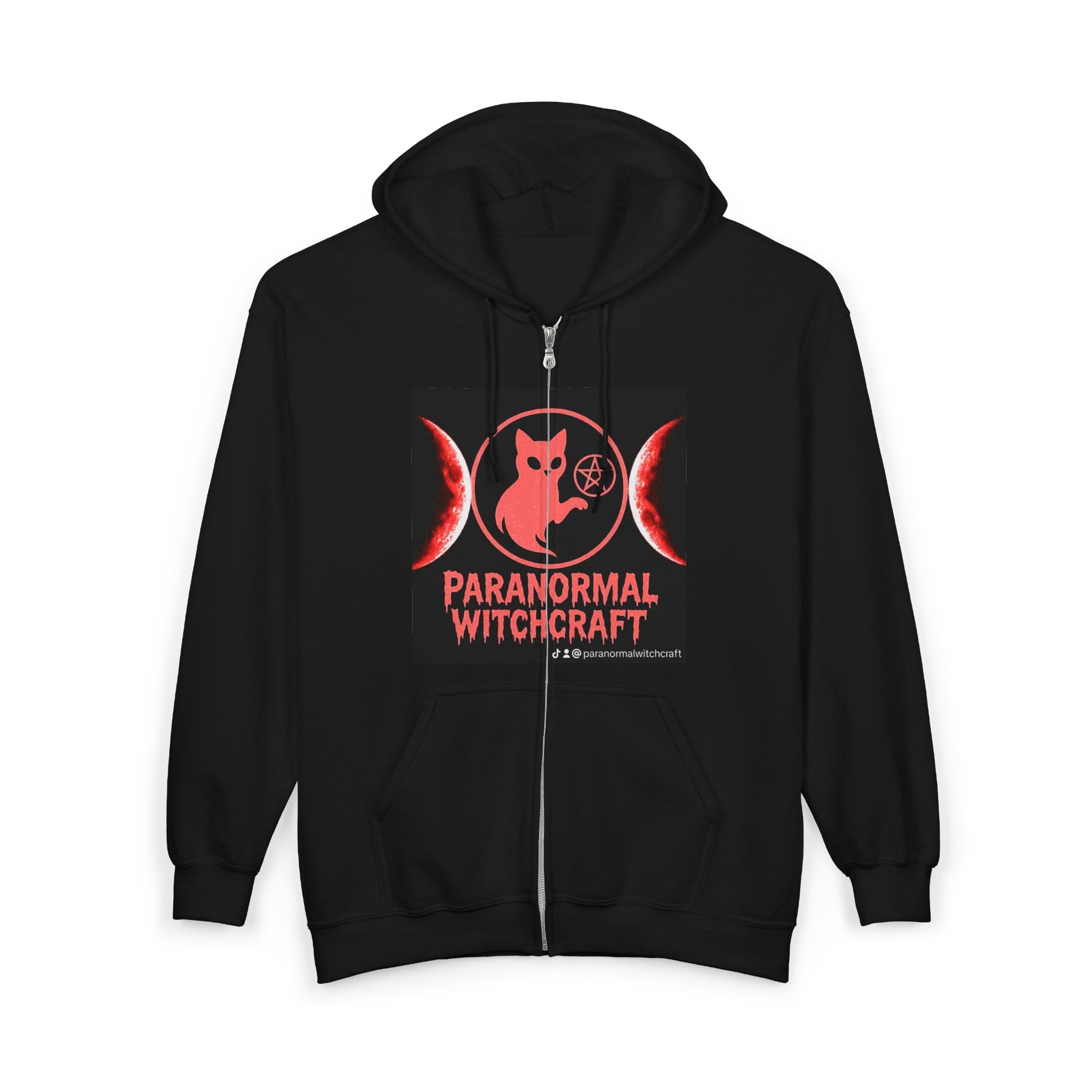 Paranormal Witchcraft Zip Hoodie – Triple Moon Cat & Pentagram